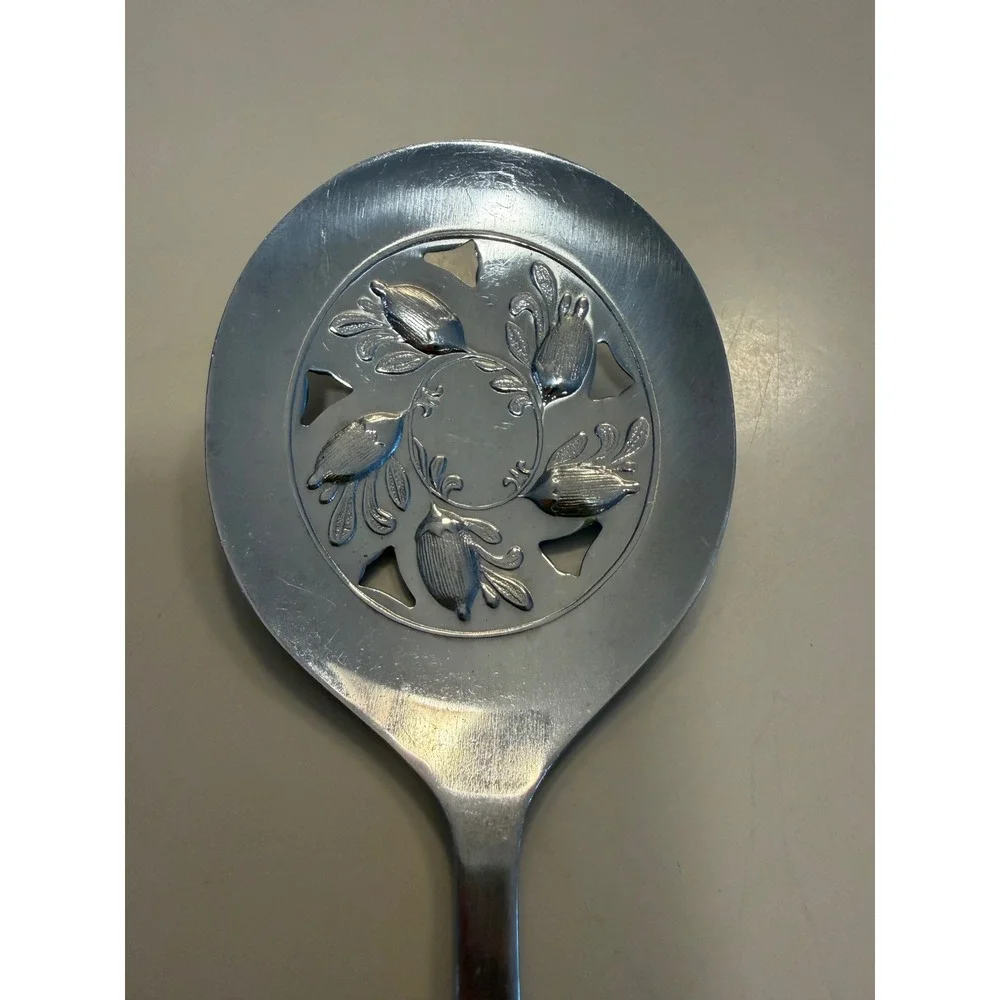 Vintage Stainless Steel Pierced Tomato Server Floral Embossed Serving Spoon